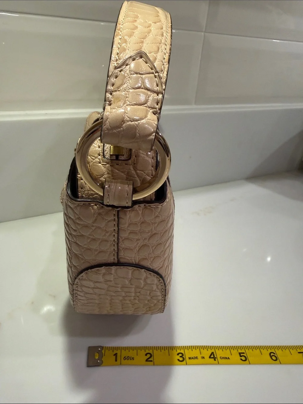 Michael Kors Croc-Embossed Mini Shoulder Bag in Beige with Gold Hardware